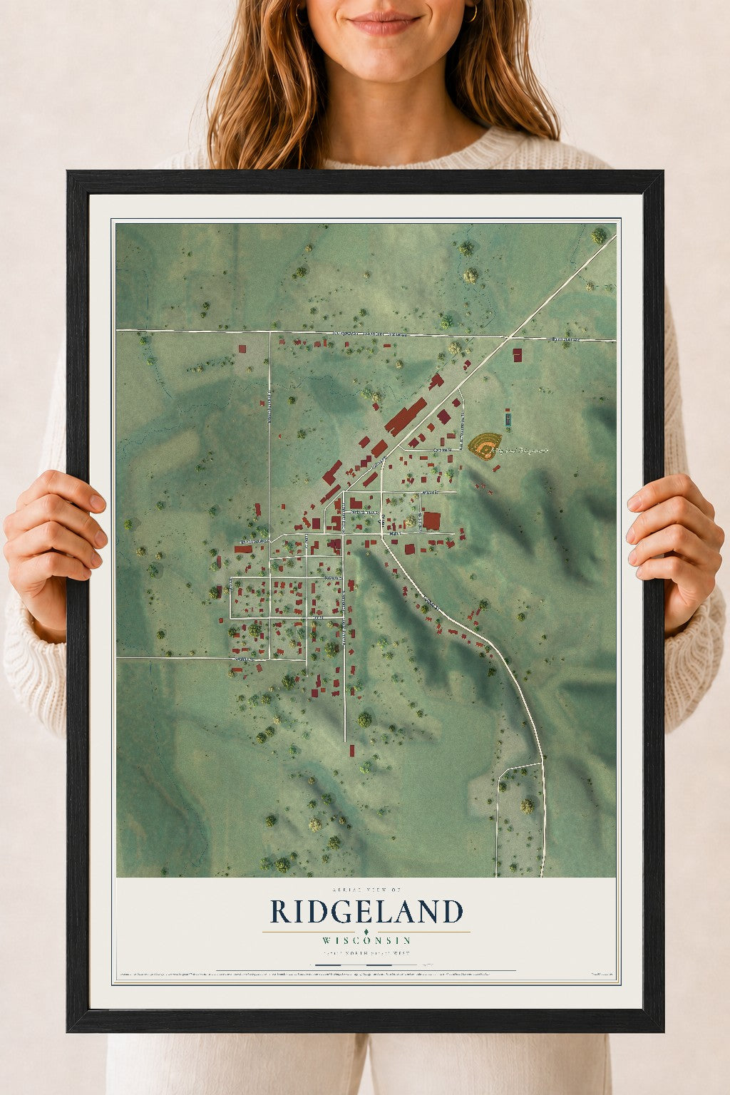 Map of Ridgeland, Wisconsin, 18 x 24 inch print in a black wood frame