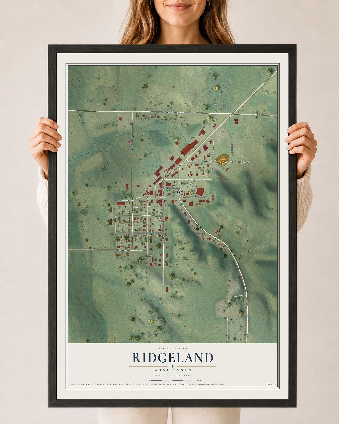 Map of Ridgeland, Wisconsin, 24 x 36 inch print in a black wood frame