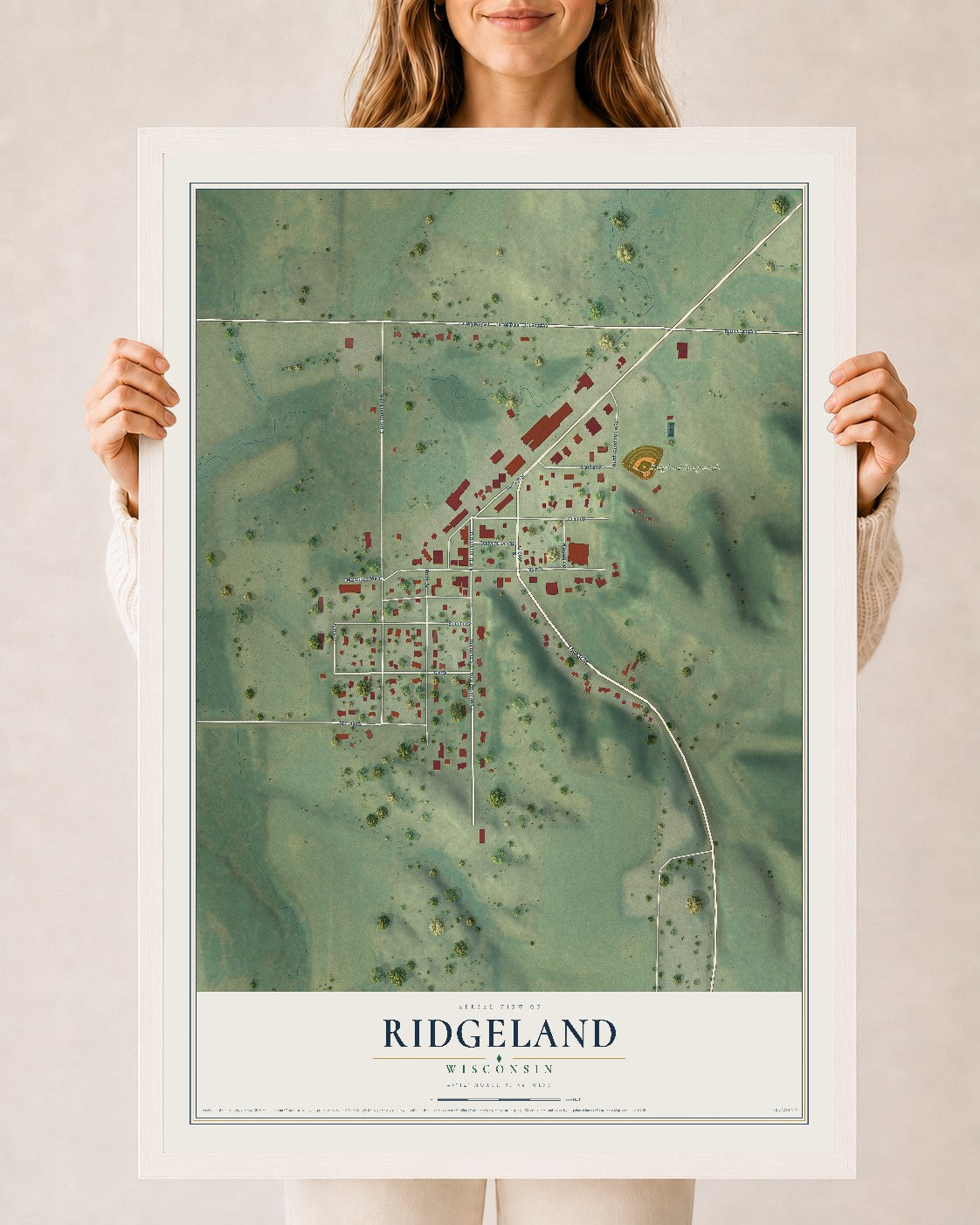 Map of Ridgeland, Wisconsin, 24 x 36 inch print in a white wood frame