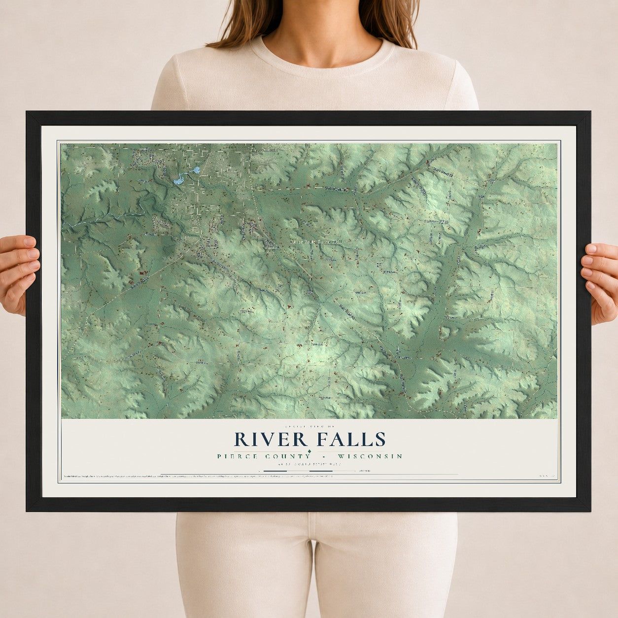 Map of River Falls, Pierce County, Wisconsin, 18 x 24 inch print in a black wood frame