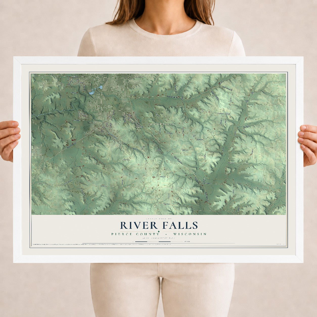 Map of River Falls, Pierce County, Wisconsin, 18 x 24 inch print in a white wood frame