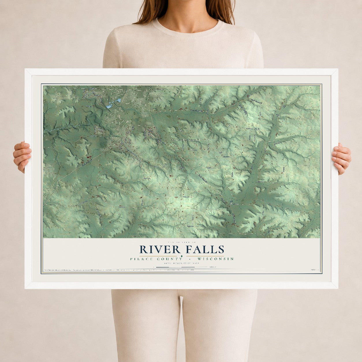 Map of River Falls, Pierce County, Wisconsin, 24 x 36 inch print in a white wood frame