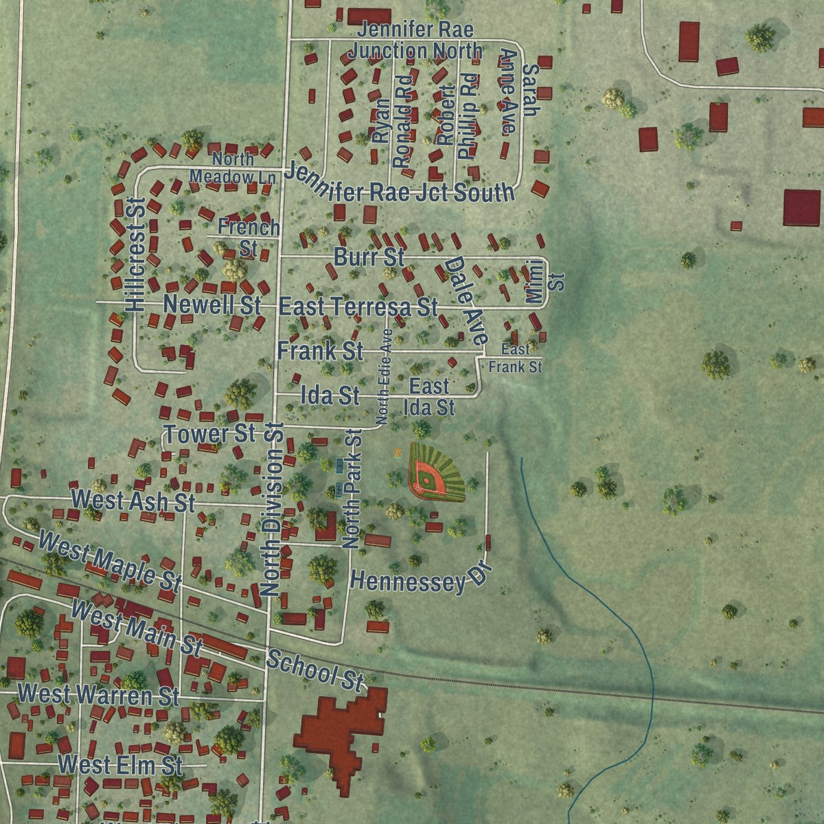 Close-up of the map of Roberts, Wisconsin print showing street and building detail