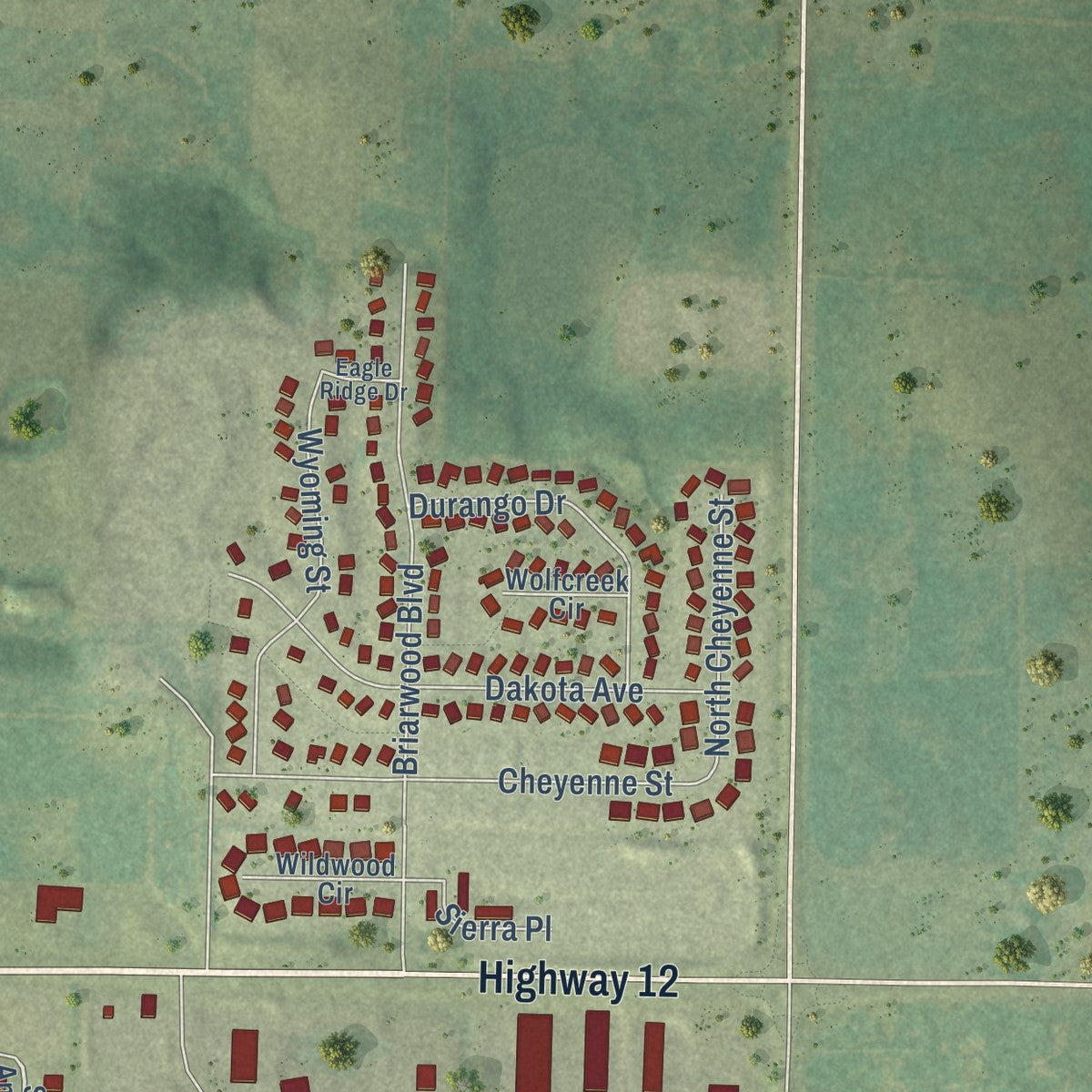 Second close-up of the map of Roberts, Wisconsin print showing more streets and buildings