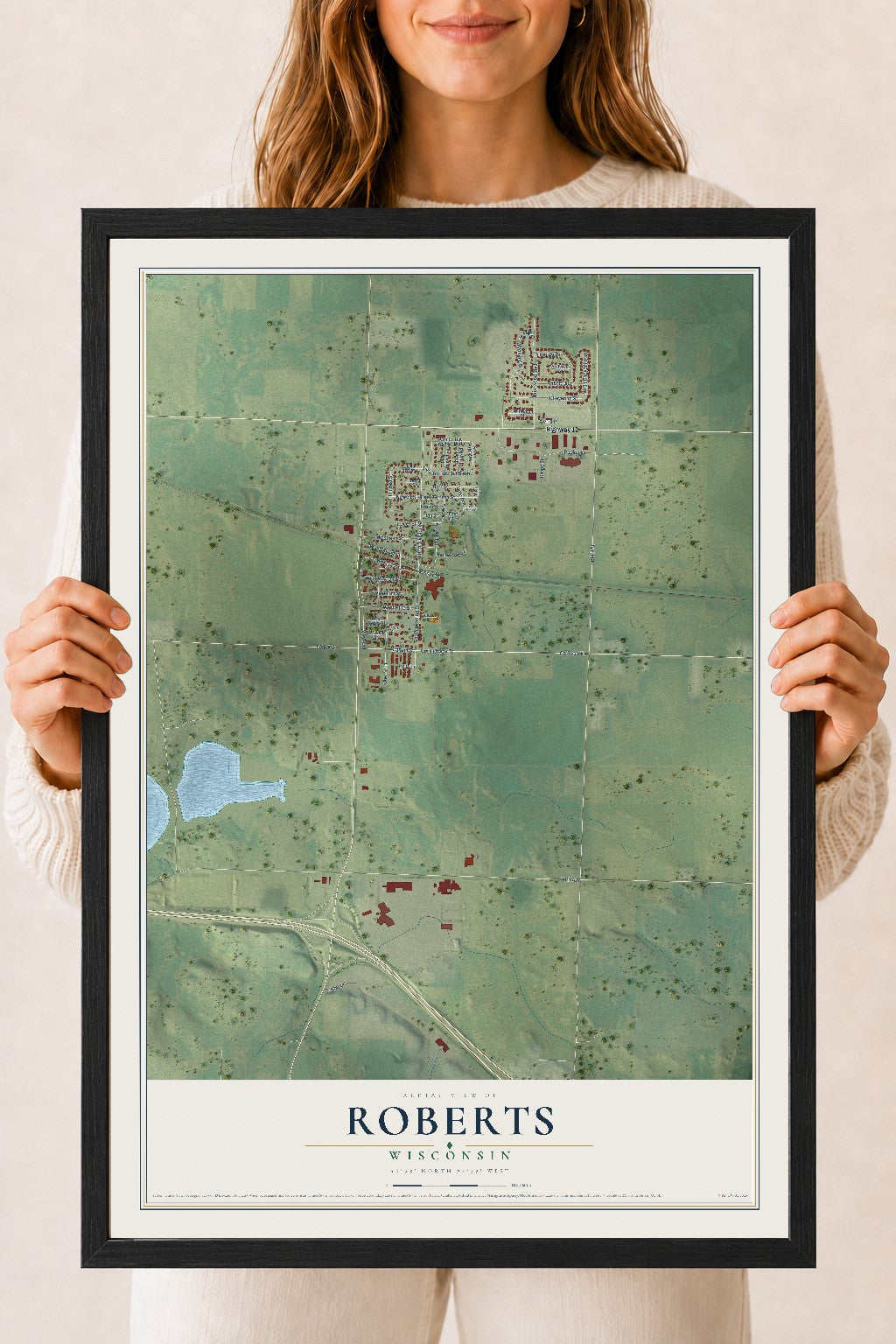 Map of Roberts, Wisconsin, 18 x 24 inch print in a black wood frame