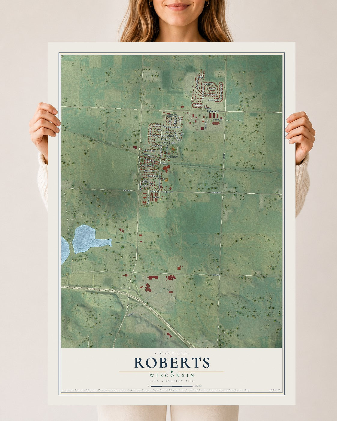 Map of Roberts, Wisconsin, 24 x 36 inch unframed archival matte print