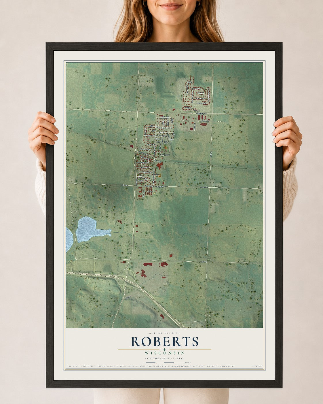 Map of Roberts, Wisconsin, 24 x 36 inch print in a black wood frame