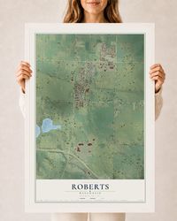 Map of Roberts, Wisconsin, 24 x 36 inch print in a white wood frame