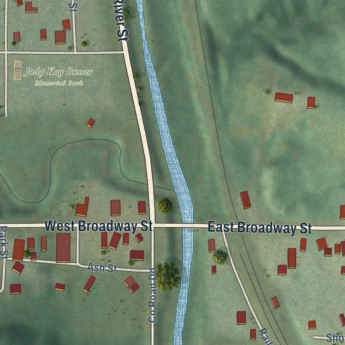 Close-up of the map of Rock Springs, Wisconsin print showing street and building detail