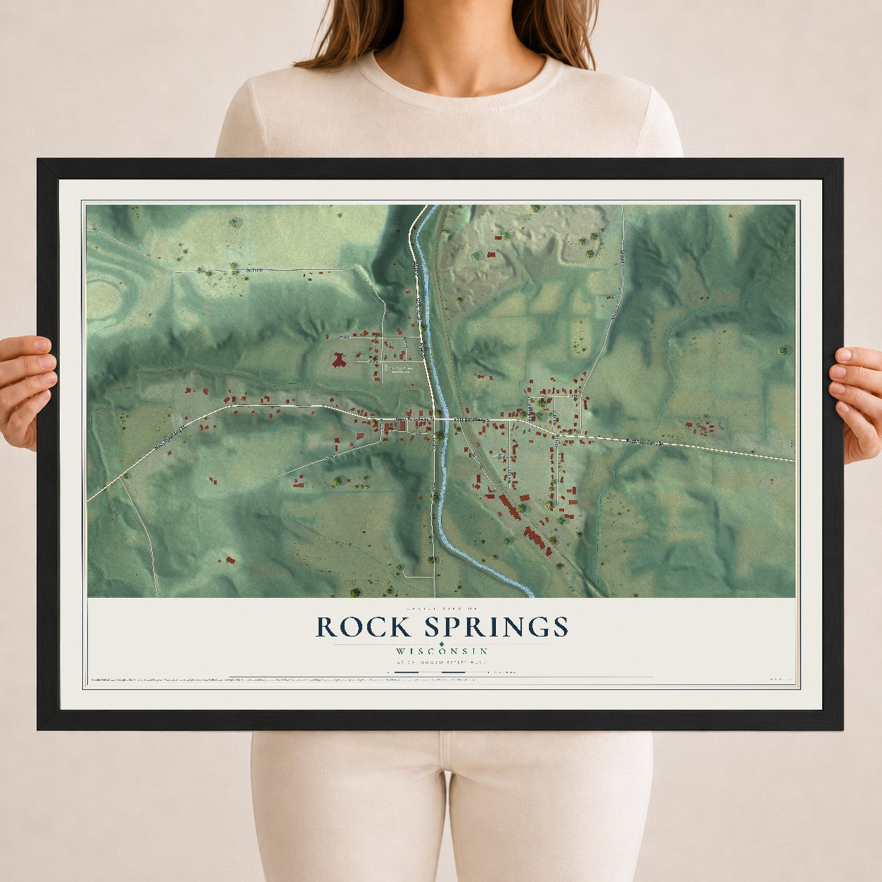 Map of Rock Springs, Wisconsin, 18 x 24 inch print in a black wood frame