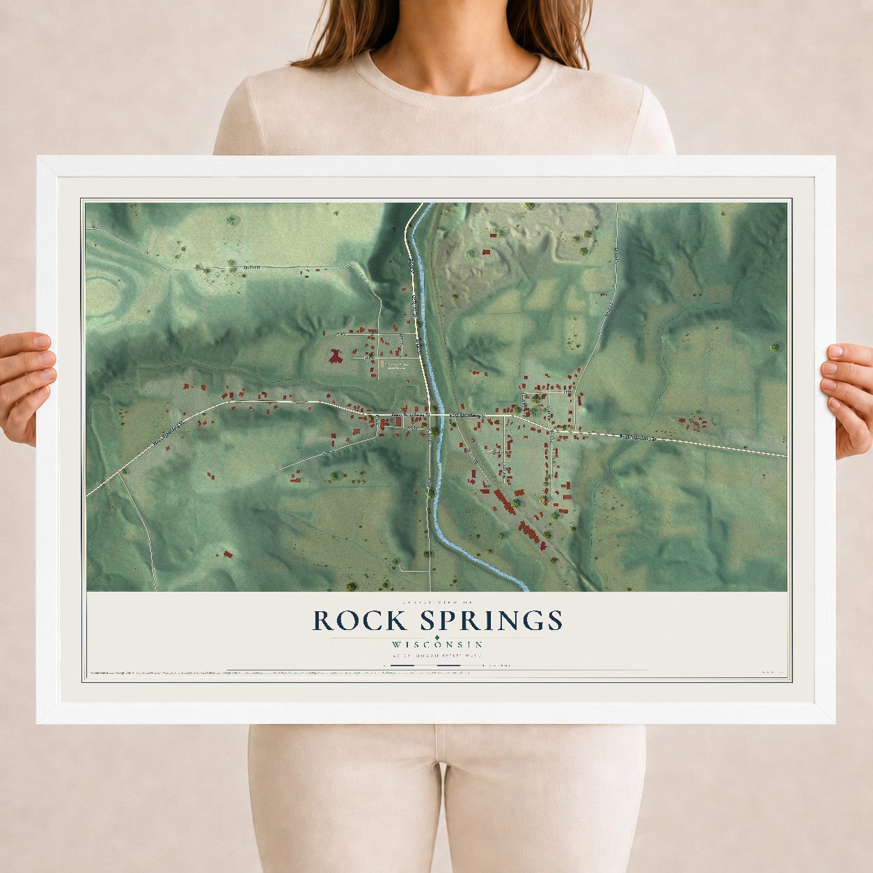 Map of Rock Springs, Wisconsin, 18 x 24 inch print in a white wood frame