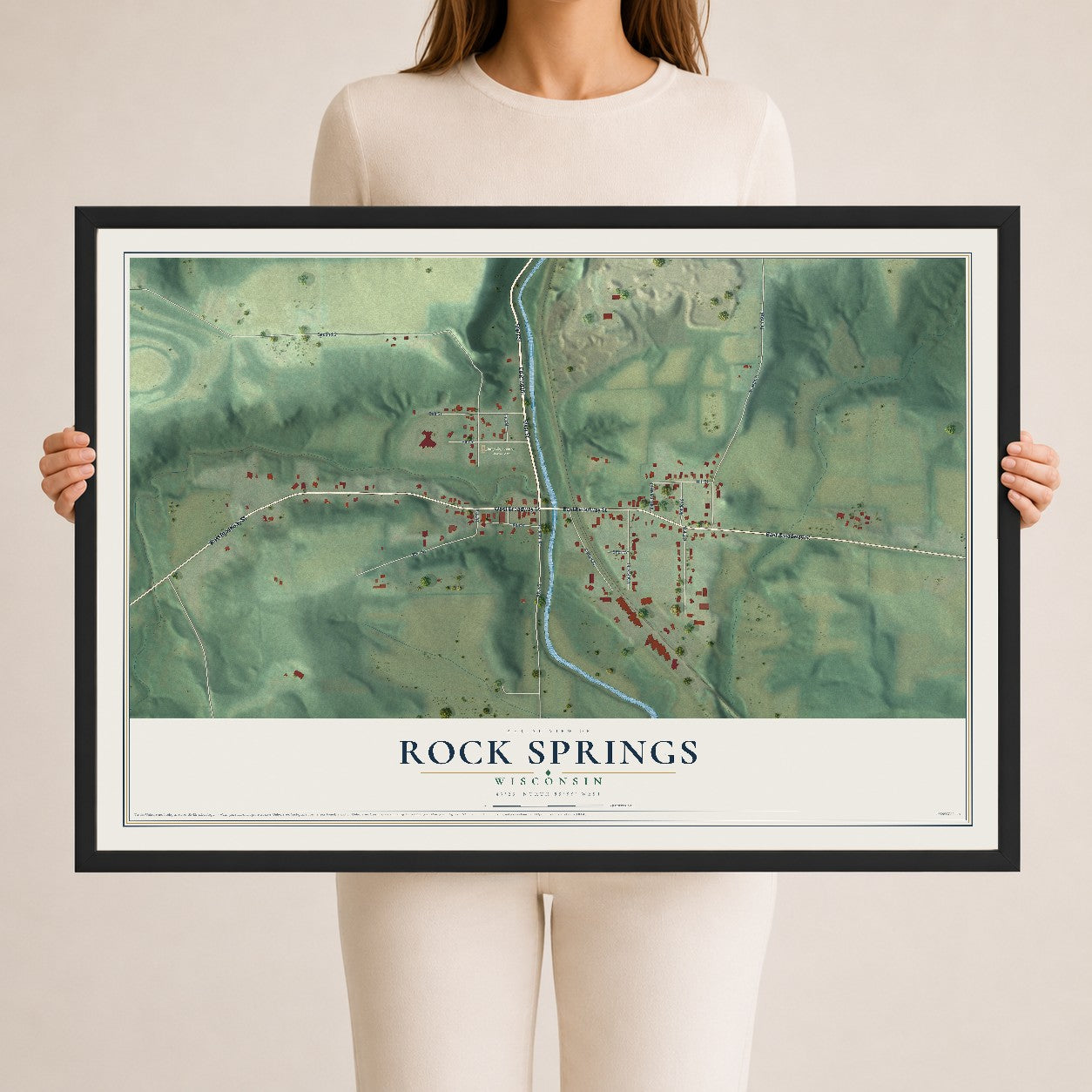 Map of Rock Springs, Wisconsin, 24 x 36 inch print in a black wood frame