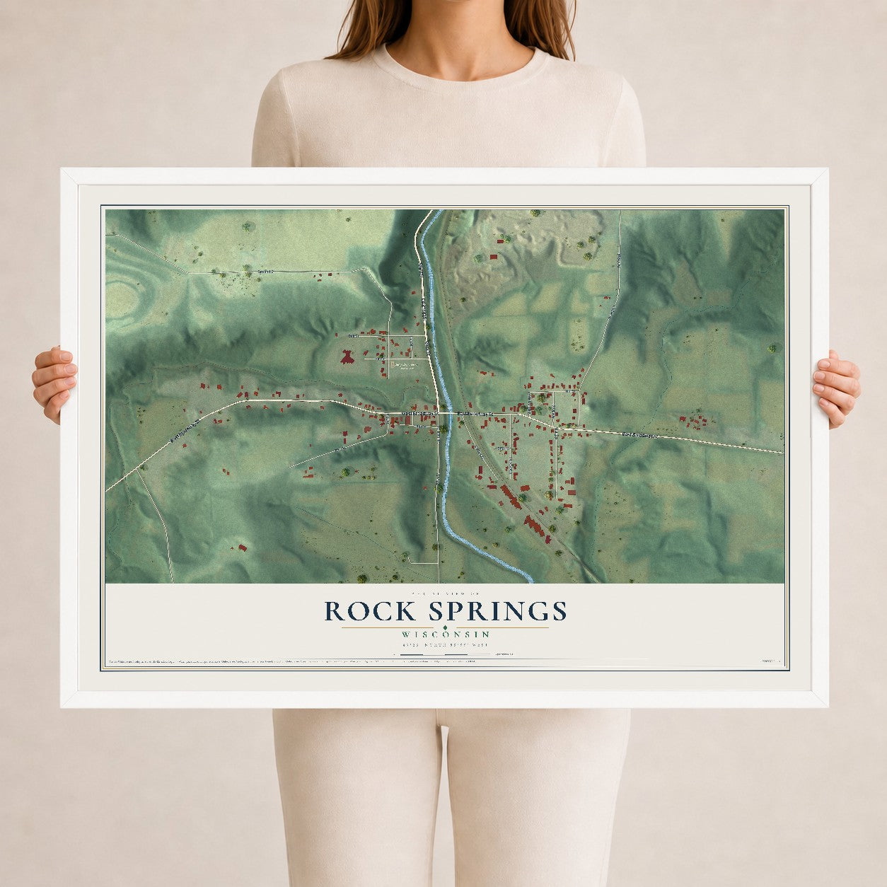 Map of Rock Springs, Wisconsin, 24 x 36 inch print in a white wood frame