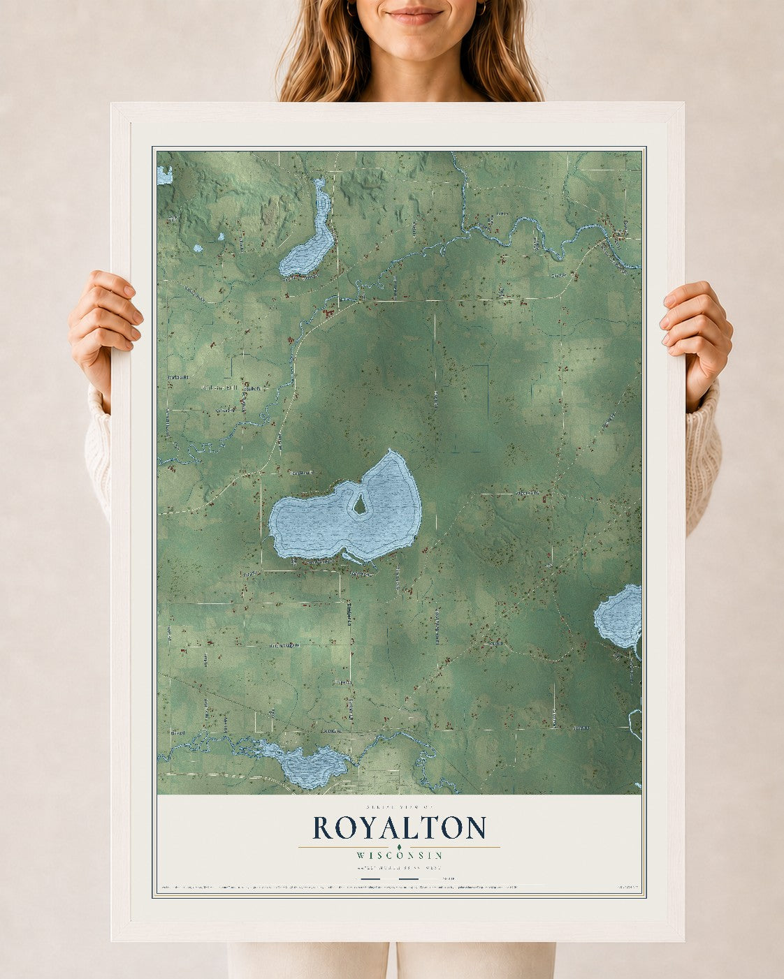 Map of Royalton, Wisconsin, 24 x 36 inch print in a white wood frame
