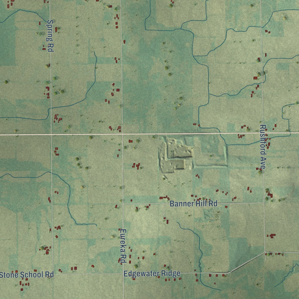 Close-up of the map of Rushford, Wisconsin print showing street and building detail