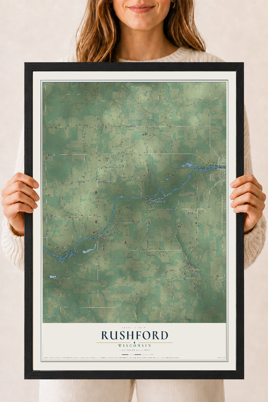 Map of Rushford, Wisconsin, 18 x 24 inch print in a black wood frame