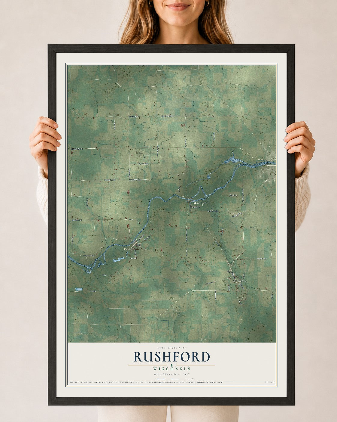 Map of Rushford, Wisconsin, 24 x 36 inch print in a black wood frame