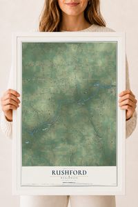 Map of Rushford, Wisconsin, 18 x 24 inch print in a white wood frame