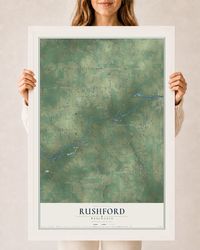 Map of Rushford, Wisconsin, 24 x 36 inch print in a white wood frame