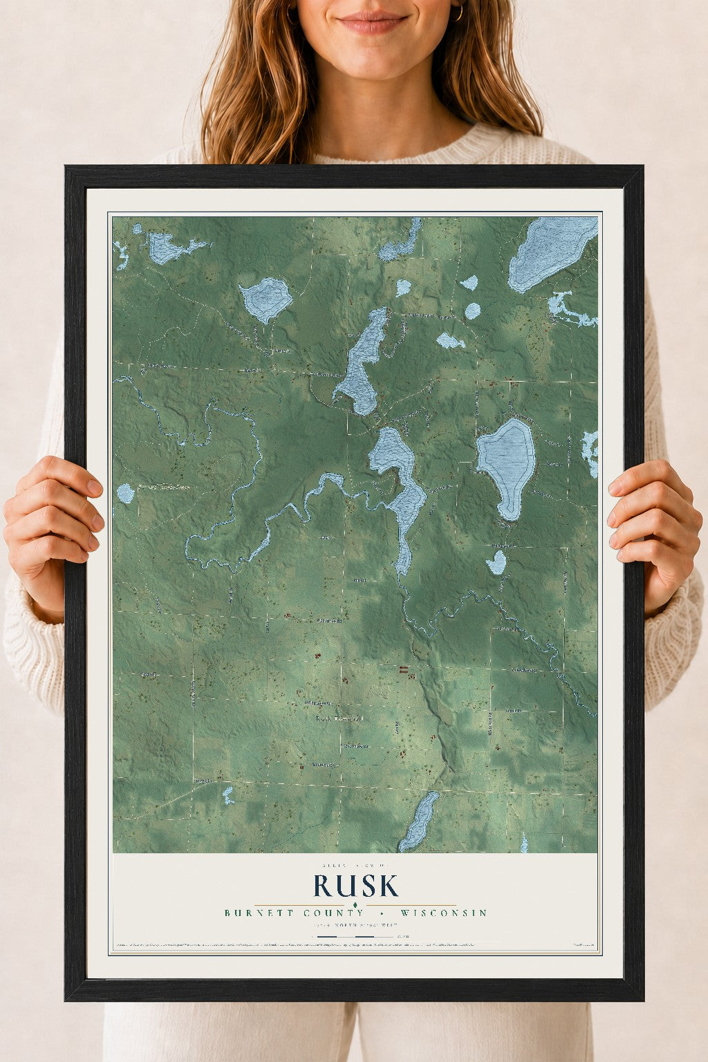 Map of Rusk, Burnett County, Wisconsin, 18 x 24 inch print in a black wood frame