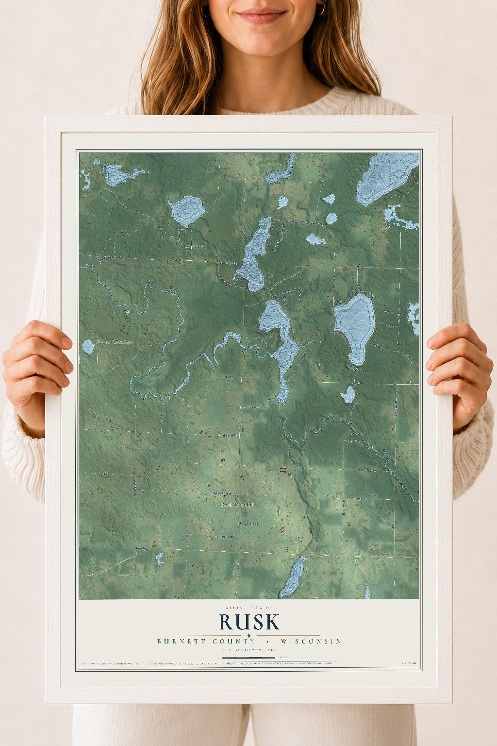 Map of Rusk, Burnett County, Wisconsin, 18 x 24 inch print in a white wood frame