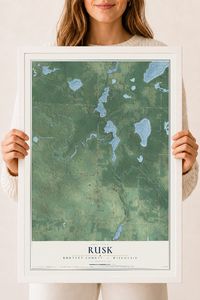Map of Rusk, Burnett County, Wisconsin, 18 x 24 inch print in a white wood frame