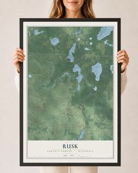 Map of Rusk, Burnett County, Wisconsin, 24 x 36 inch print in a black wood frame