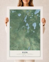 Map of Rusk, Burnett County, Wisconsin, 24 x 36 inch print in a white wood frame