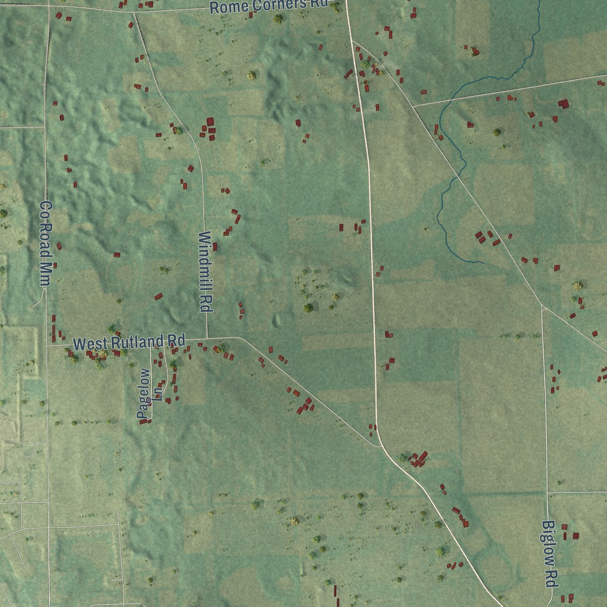 Second close-up of the map of Rutland, Wisconsin print showing more streets and buildings