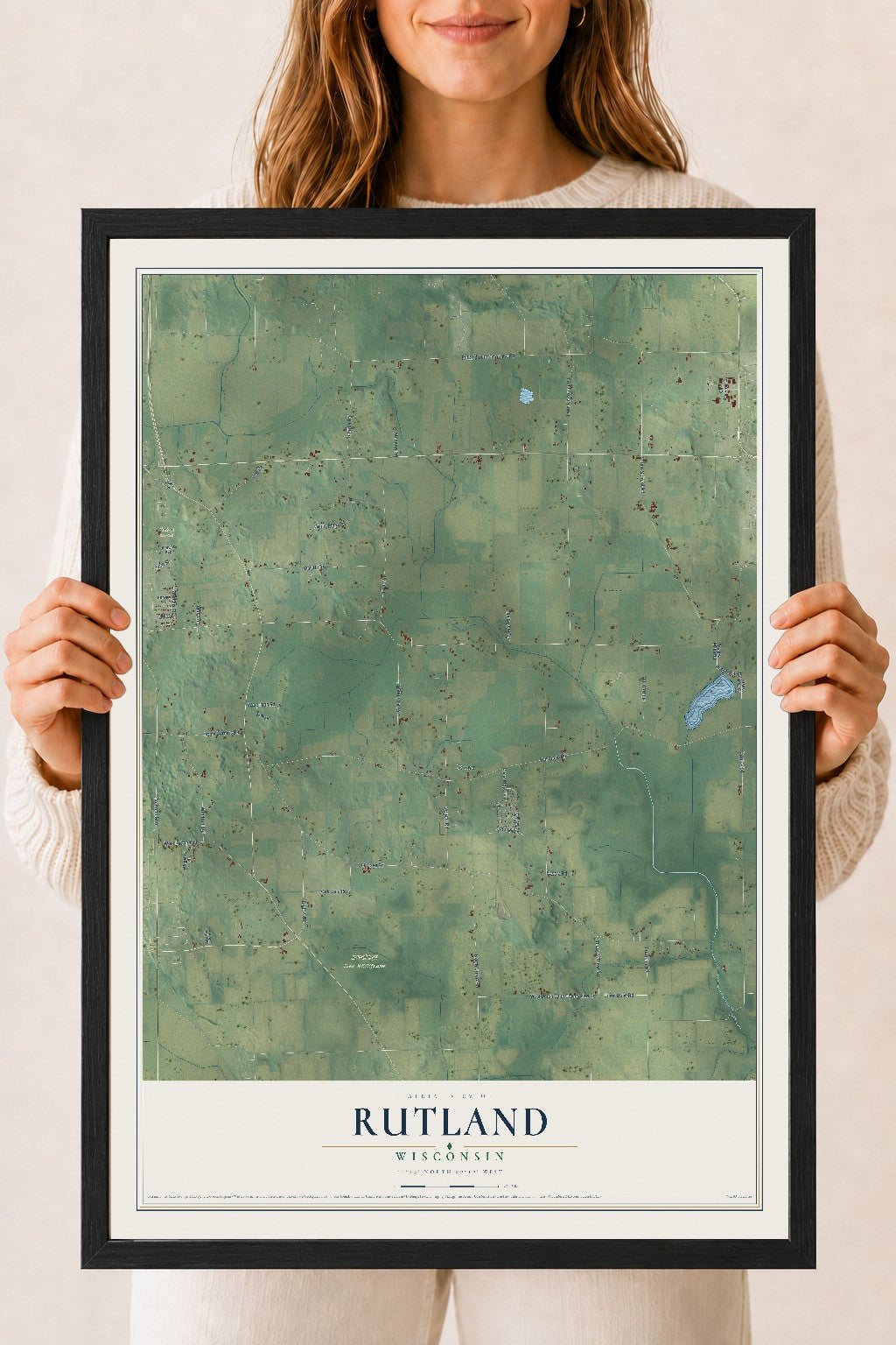 Map of Rutland, Wisconsin, 18 x 24 inch print in a black wood frame