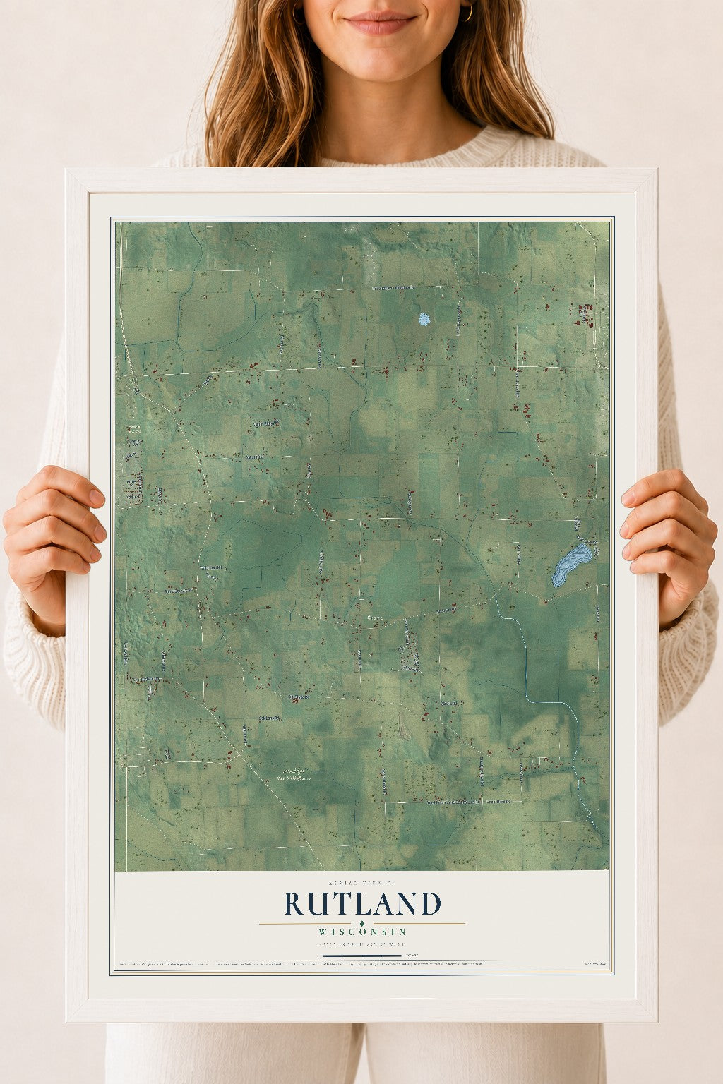 Map of Rutland, Wisconsin, 18 x 24 inch print in a white wood frame