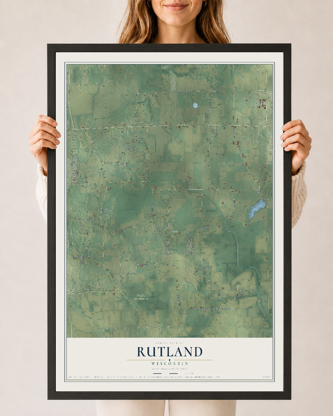Map of Rutland, Wisconsin, 24 x 36 inch print in a black wood frame