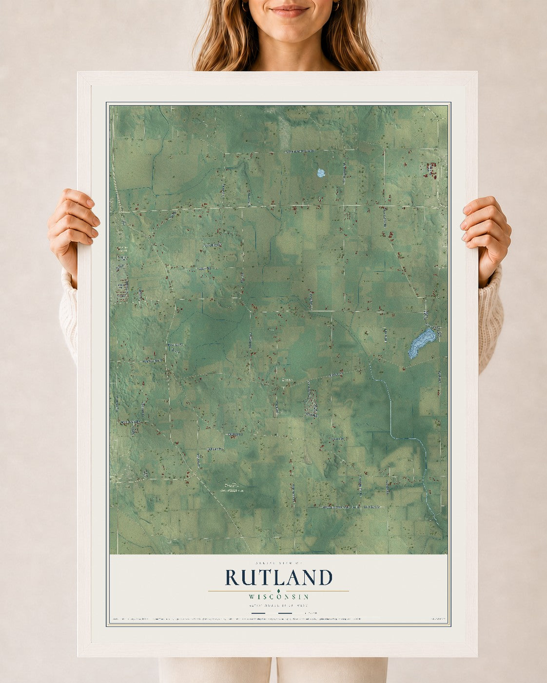 Map of Rutland, Wisconsin, 24 x 36 inch print in a white wood frame