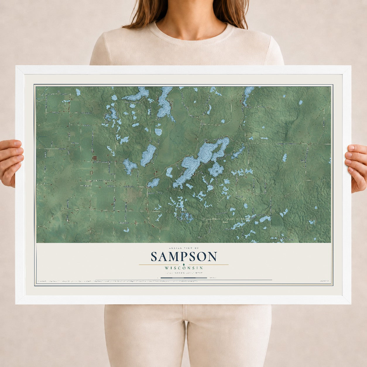 Map of Sampson, Wisconsin, 18 x 24 inch print in a white wood frame