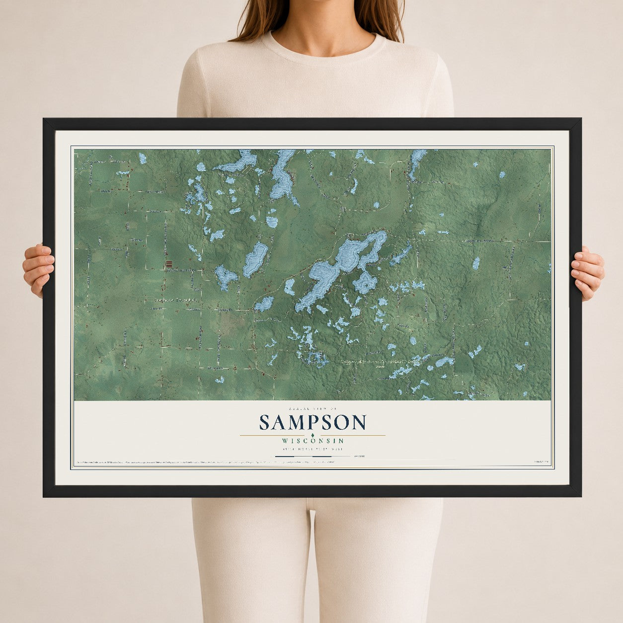 Map of Sampson, Wisconsin, 24 x 36 inch print in a black wood frame