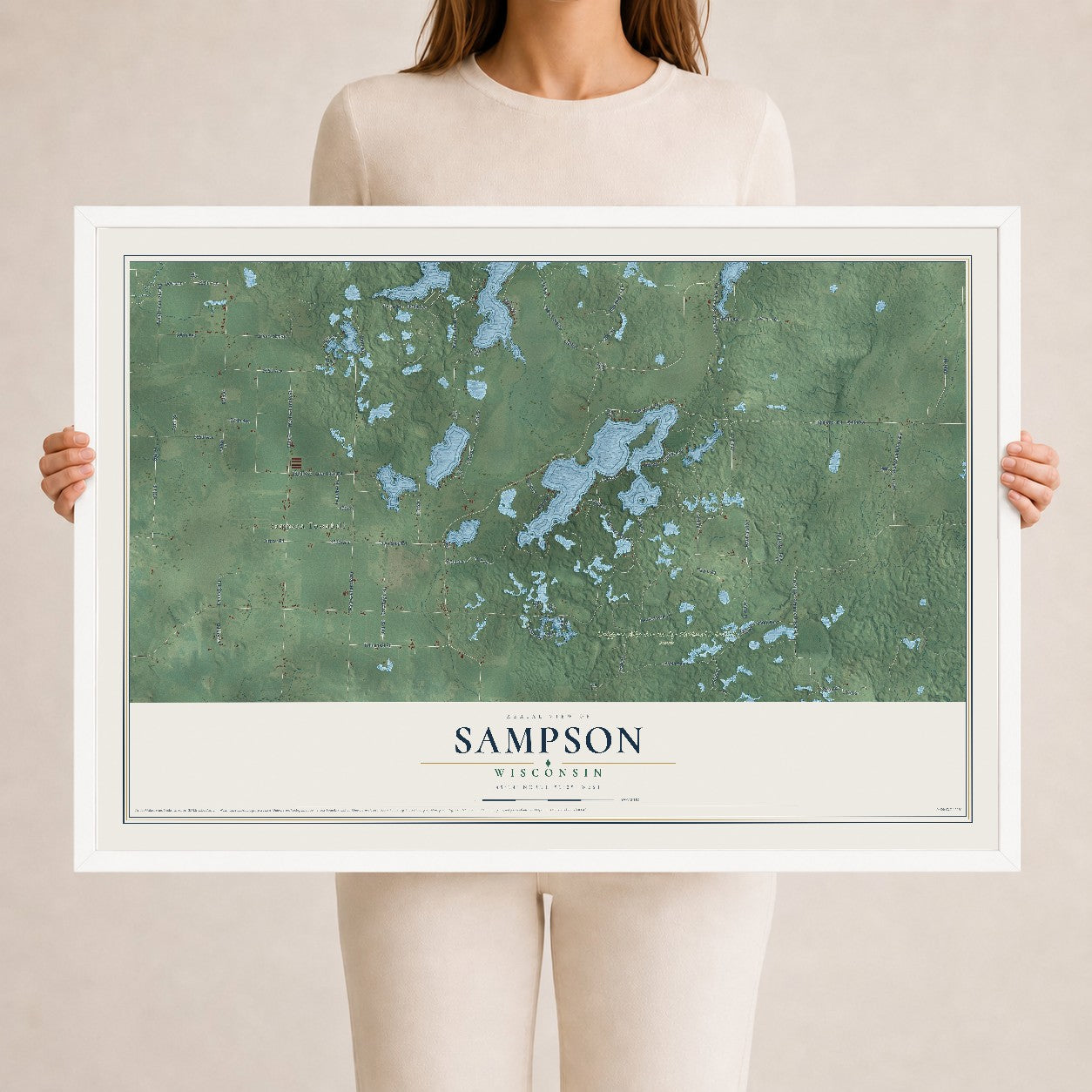 Map of Sampson, Wisconsin, 24 x 36 inch print in a white wood frame