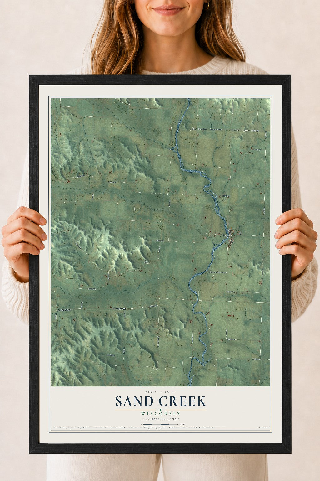 Map of Sand Creek, Wisconsin, 18 x 24 inch print in a black wood frame
