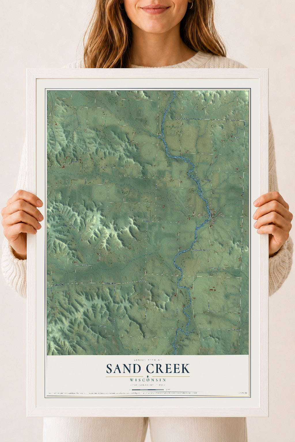 Map of Sand Creek, Wisconsin, 18 x 24 inch print in a white wood frame