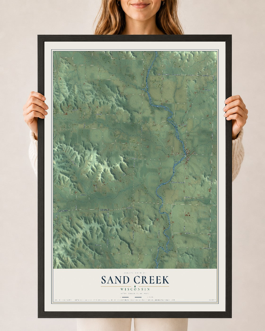 Map of Sand Creek, Wisconsin, 24 x 36 inch print in a black wood frame
