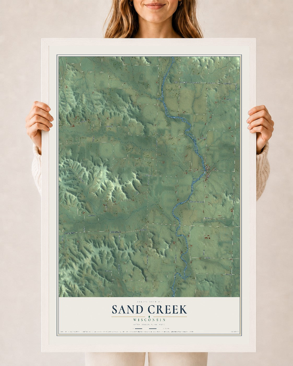 Map of Sand Creek, Wisconsin, 24 x 36 inch print in a white wood frame