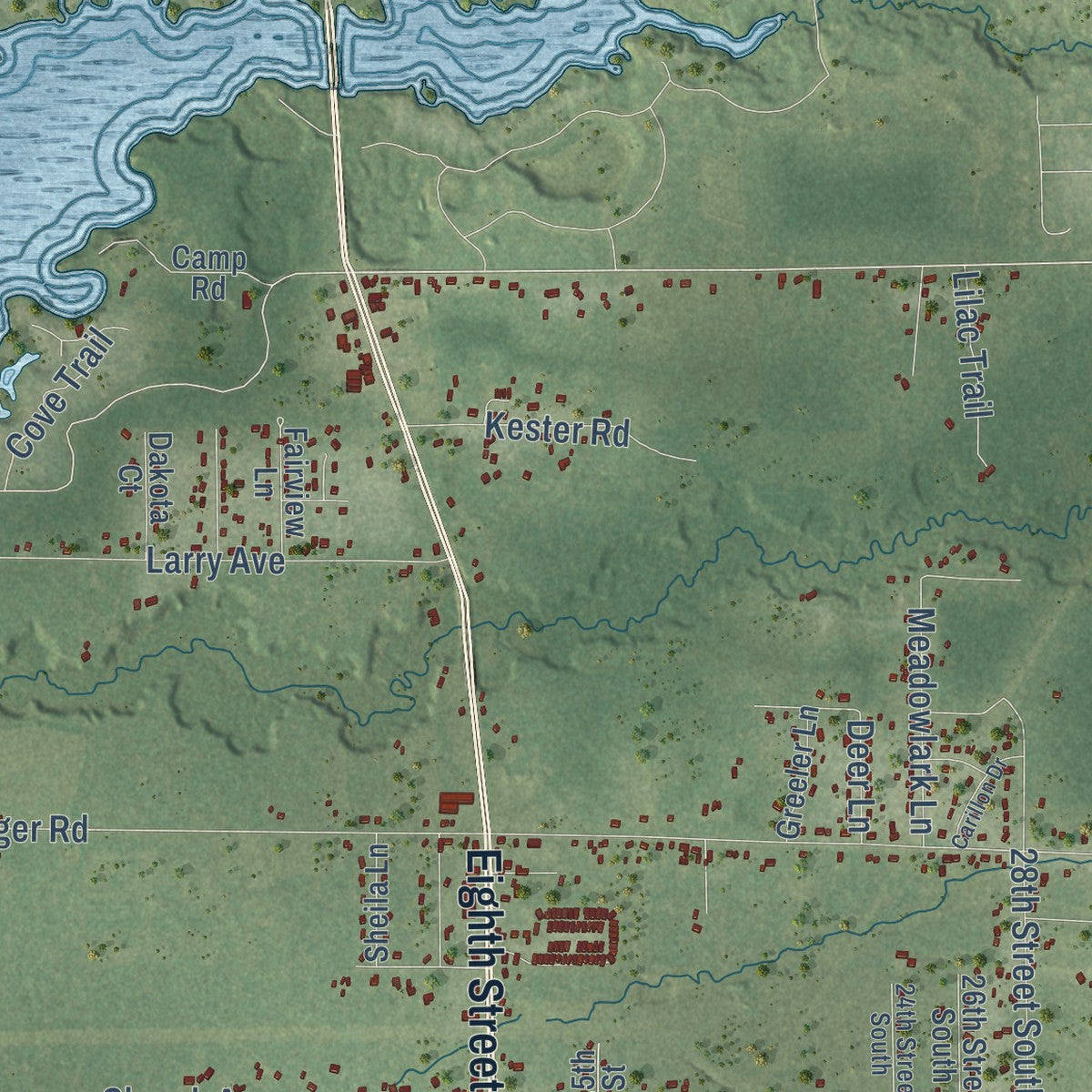 Close-up of the map of Saratoga, Wisconsin print showing street and building detail