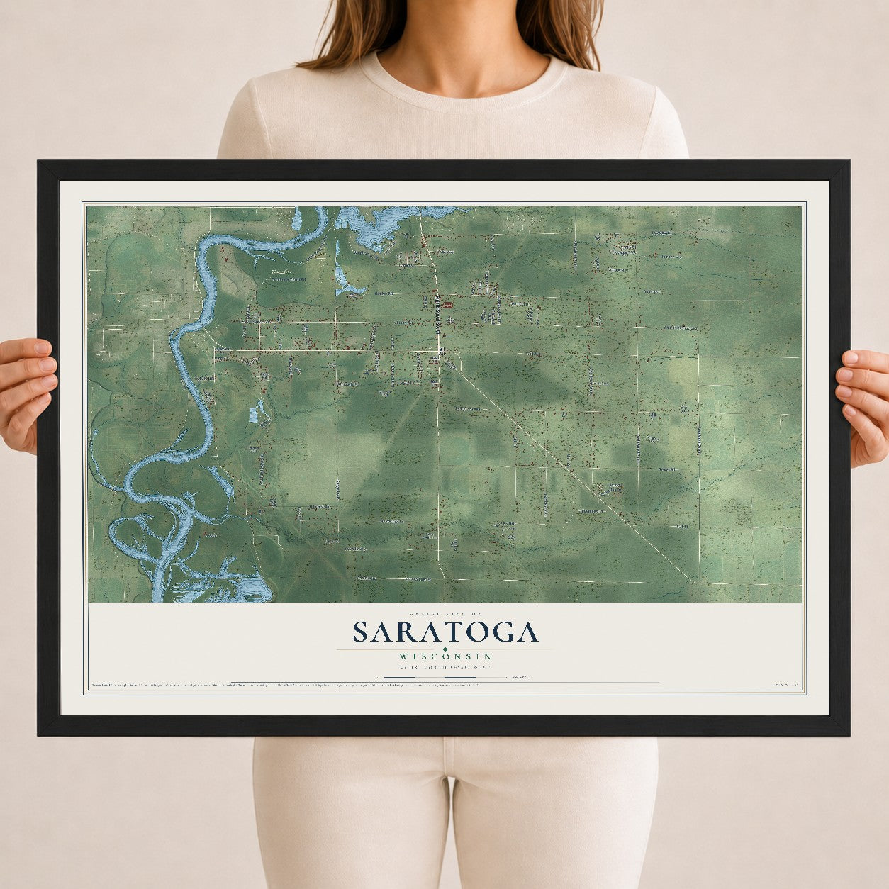 Map of Saratoga, Wisconsin, 18 x 24 inch print in a black wood frame