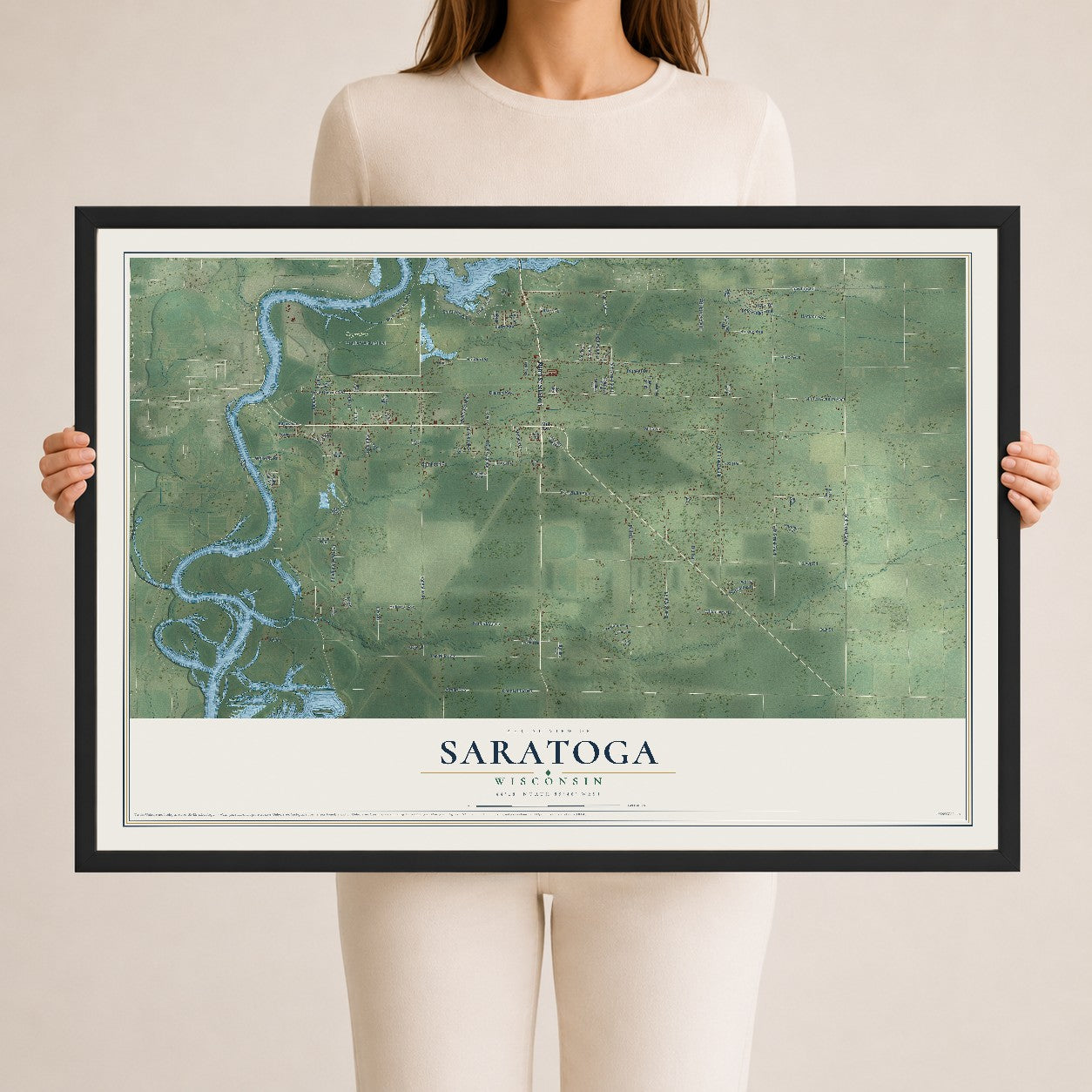 Map of Saratoga, Wisconsin, 24 x 36 inch print in a black wood frame