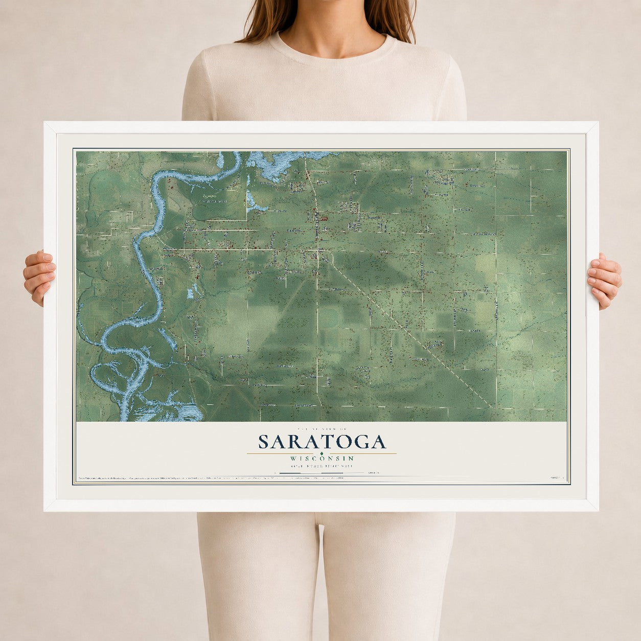 Map of Saratoga, Wisconsin, 24 x 36 inch print in a white wood frame