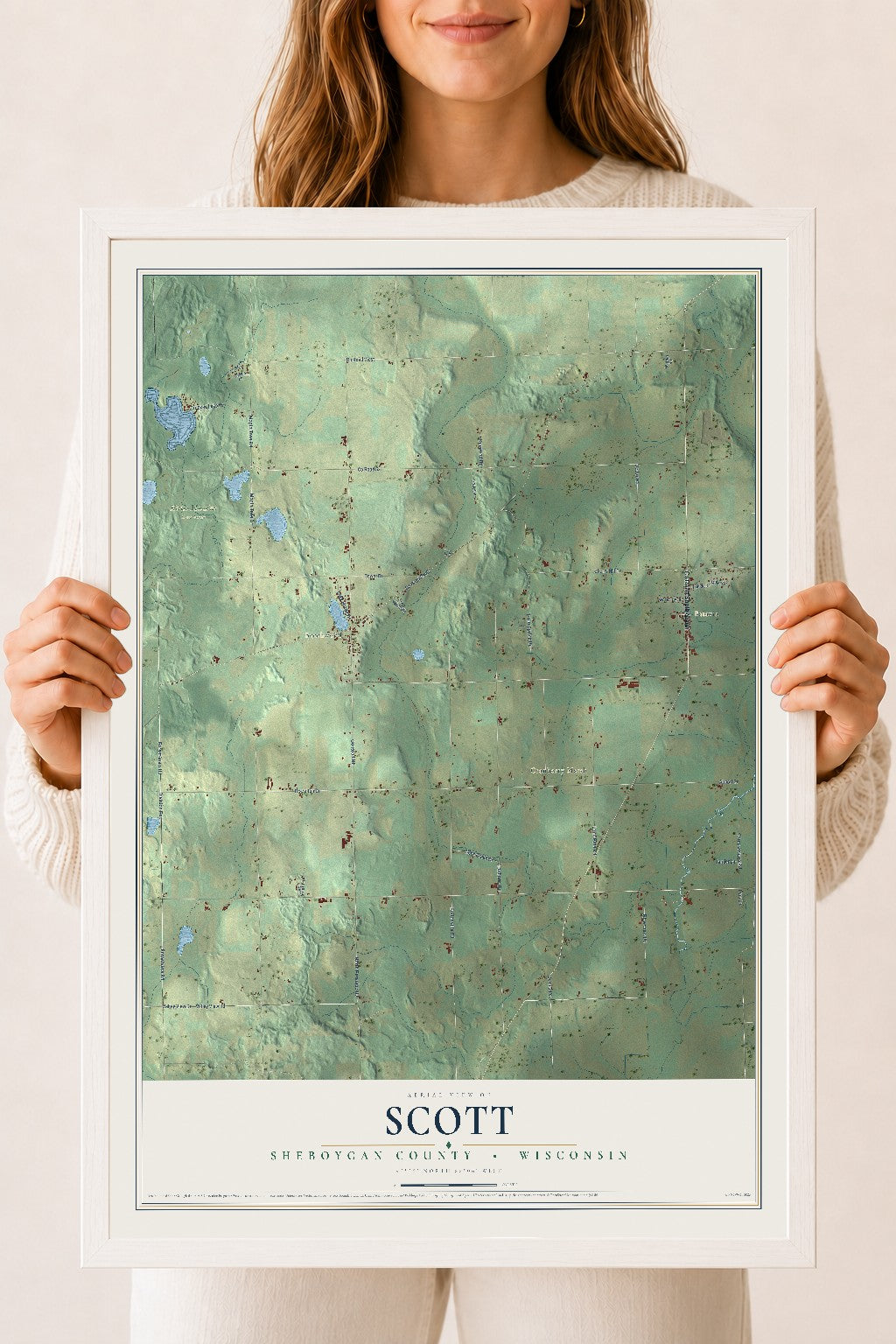 Map of Scott, Sheboygan County, Wisconsin, 18 x 24 inch print in a white wood frame