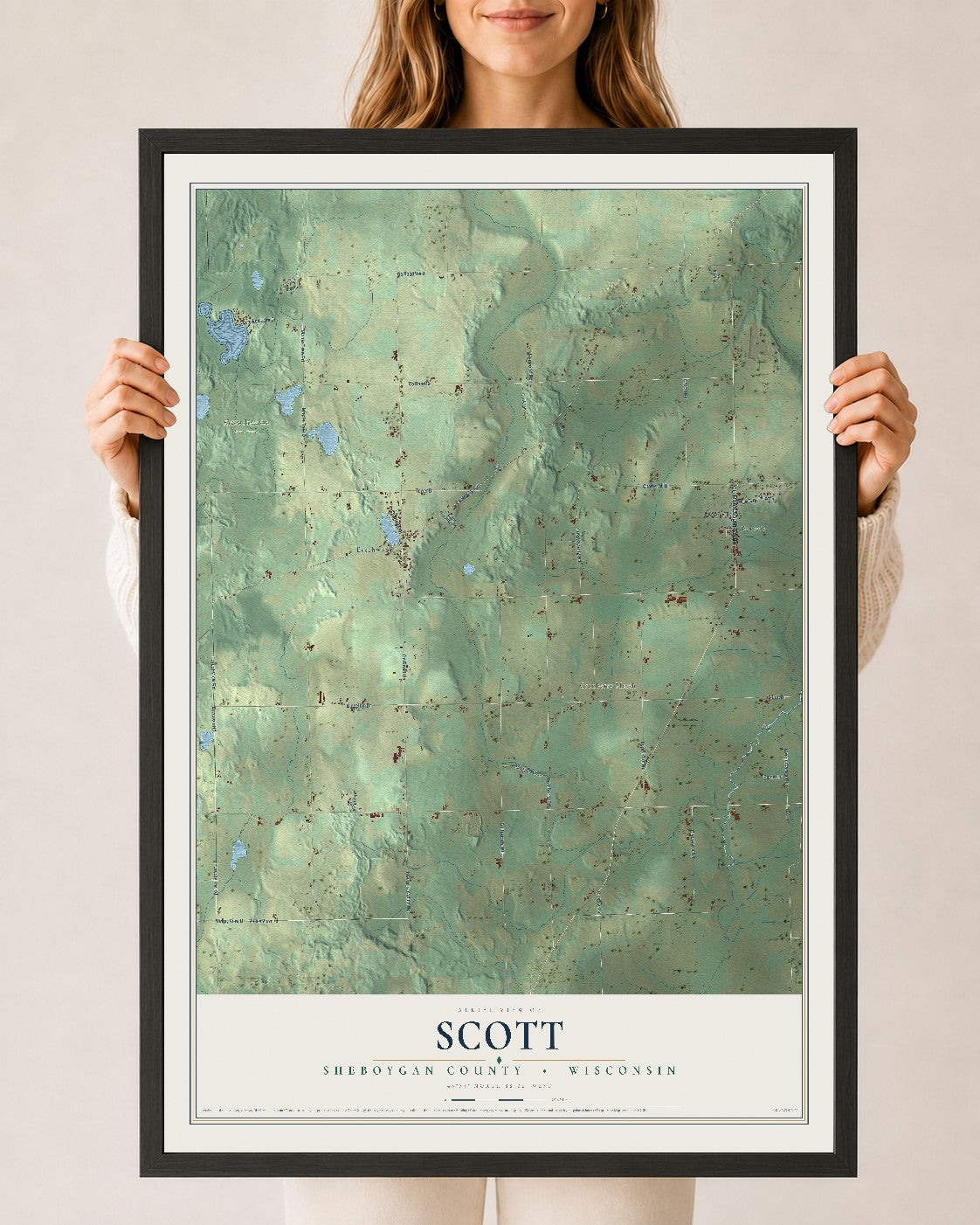 Map of Scott, Sheboygan County, Wisconsin, 24 x 36 inch print in a black wood frame