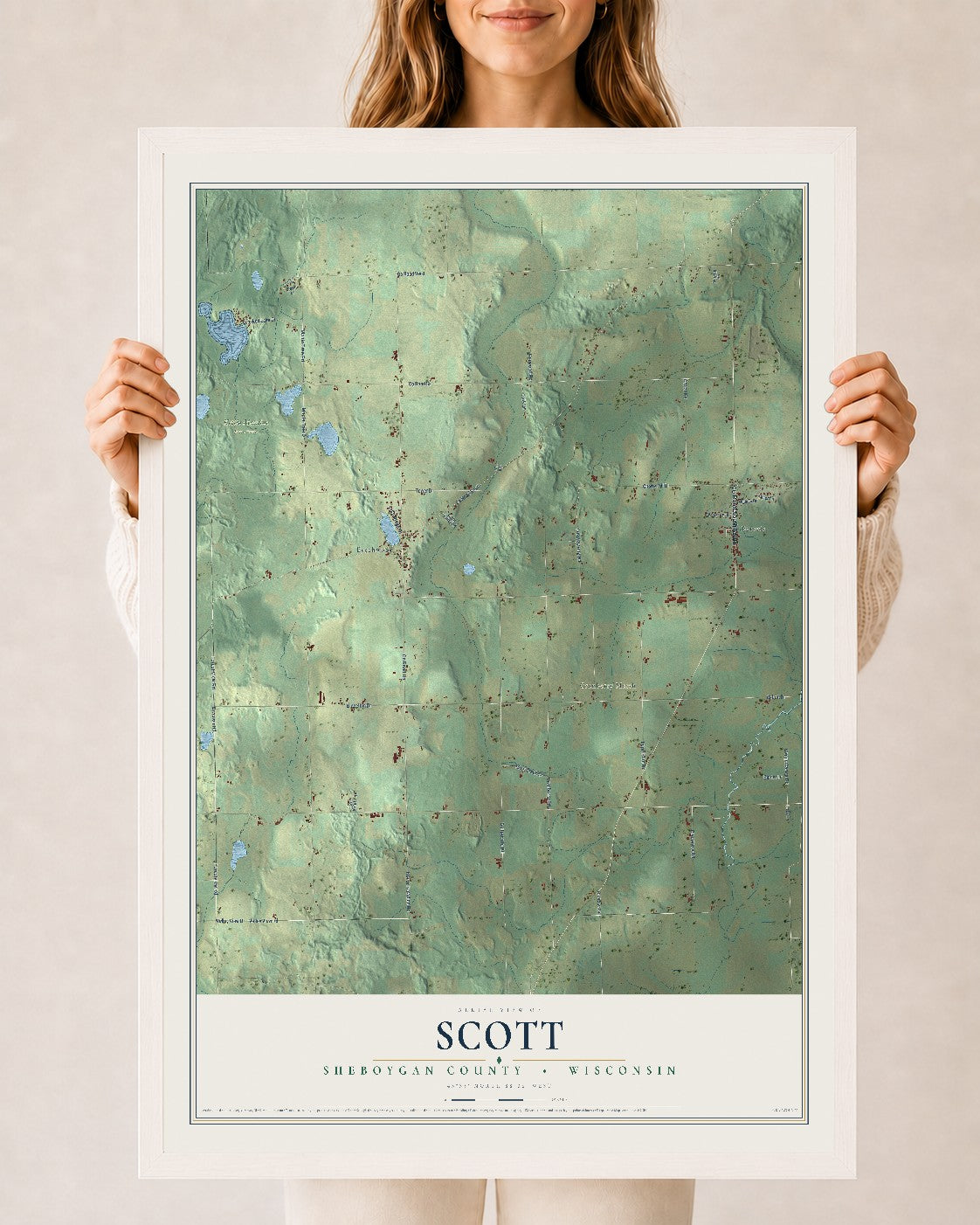 Map of Scott, Sheboygan County, Wisconsin, 24 x 36 inch print in a white wood frame