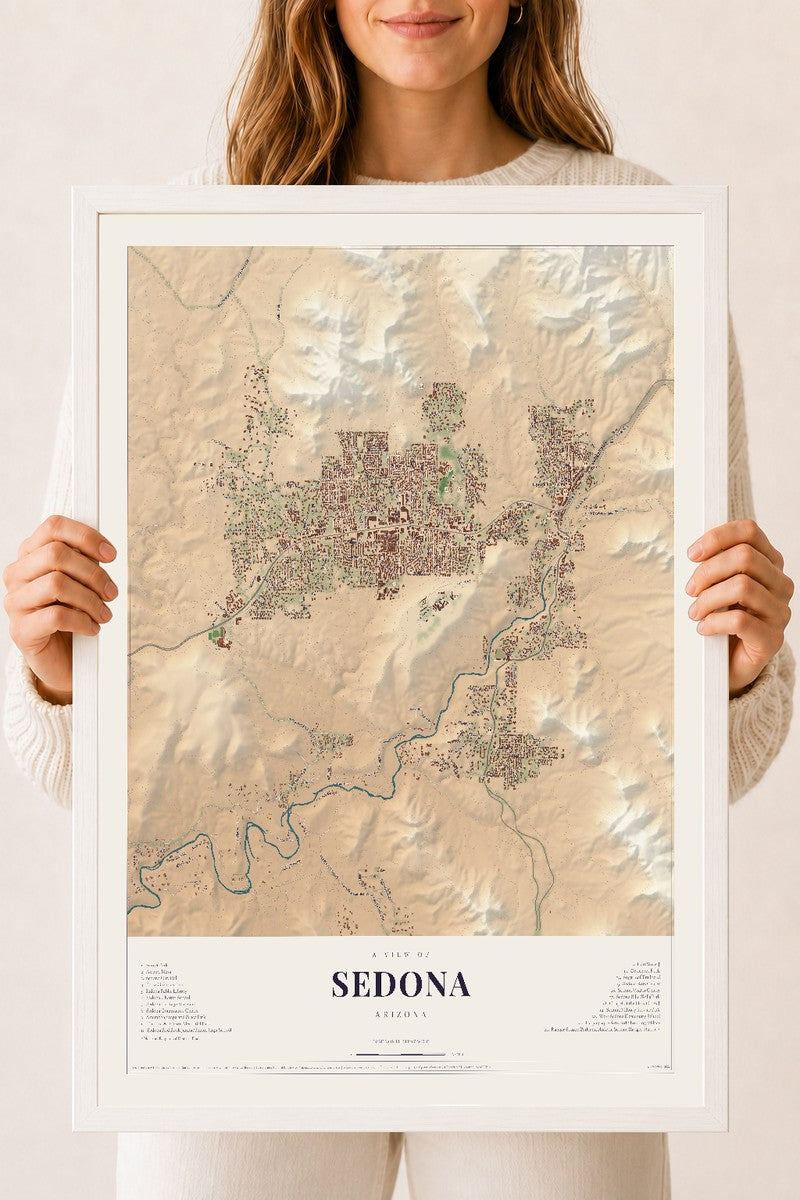 Map of Sedona, Arizona, 18 x 24 inch print in a white wood frame