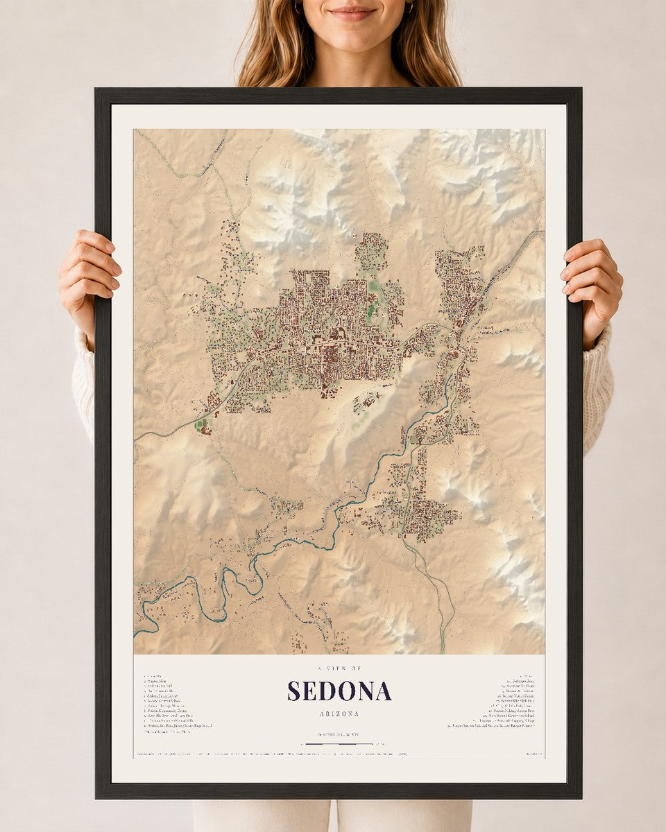 Map of Sedona, Arizona, 24 x 36 inch print in a black wood frame