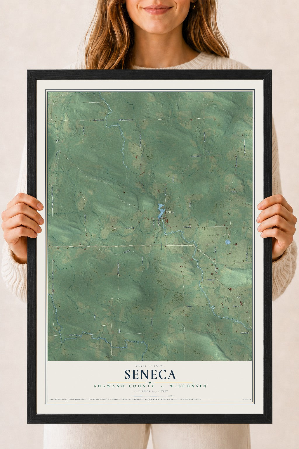 Map of Seneca, Shawano County, Wisconsin, 18 x 24 inch print in a black wood frame